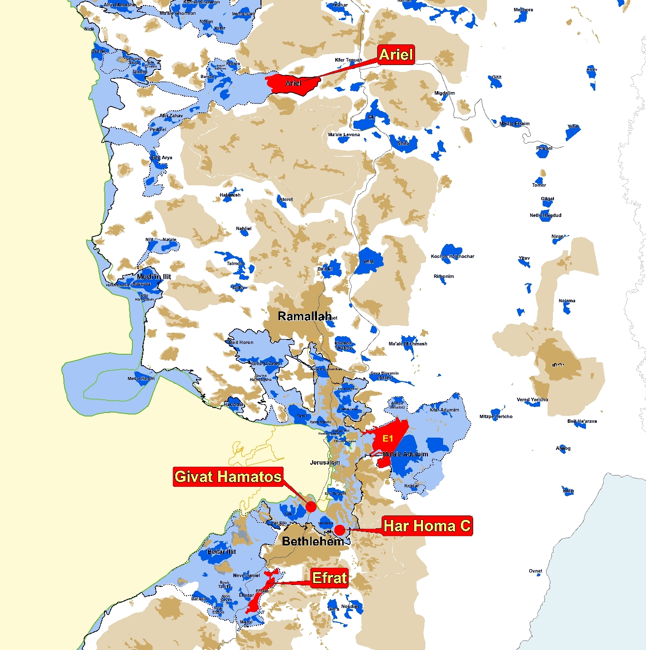 Em azul, assentamentos israelenses em territórios ocupados; em vermelho áreas que podem inviabilizar um Estado Palestino viável